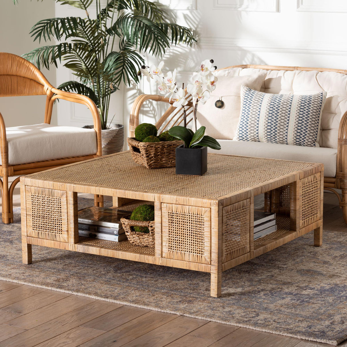Salimantan Bohemian Light Honey Rattan and Mahogany Wood Square Coffee Table by Wicker Fair