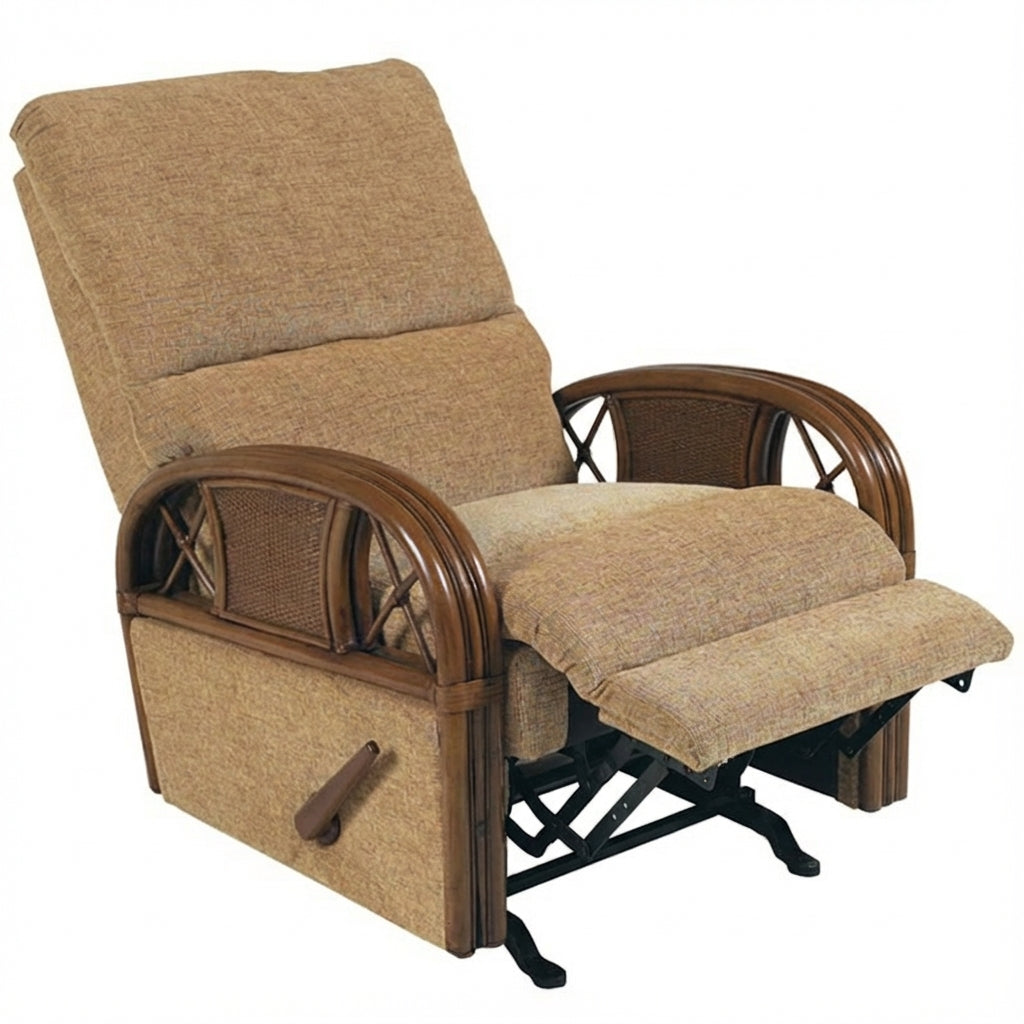 Kona Rattan and Wicker Recliner with Fruitwood Finish and Fabric by Stanley Chair Model 124