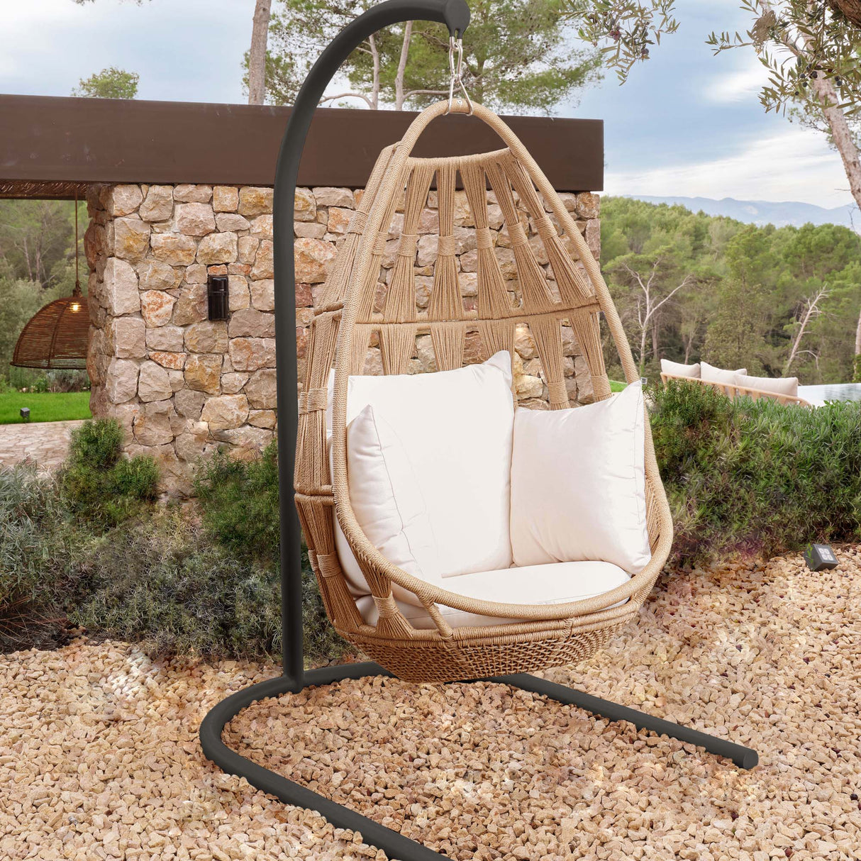 Krabi Outdoor Hanging Chair with Sunbrella Cushion & Stand Model 24106-RNAT-CUSH-STND by Skyline Design