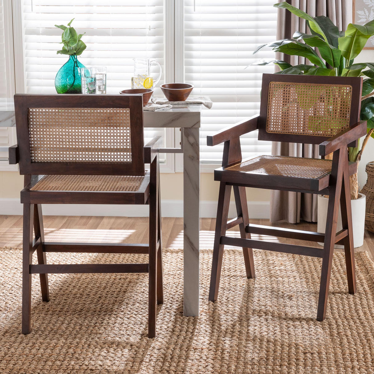 Kresna Rattan Counter Stool with Mahogany Wood Frame and Armrest Set of 2 by Wicker Fair