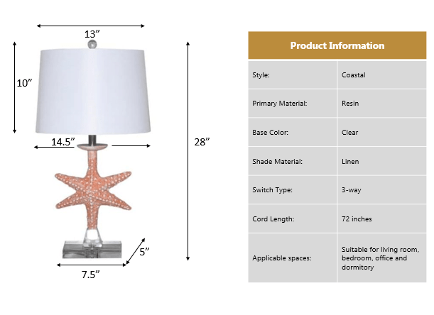Coastal Starfish Table Lamp with Crystal Base, Orange (Set of 2 Lamps) LUX-117-ORANGE