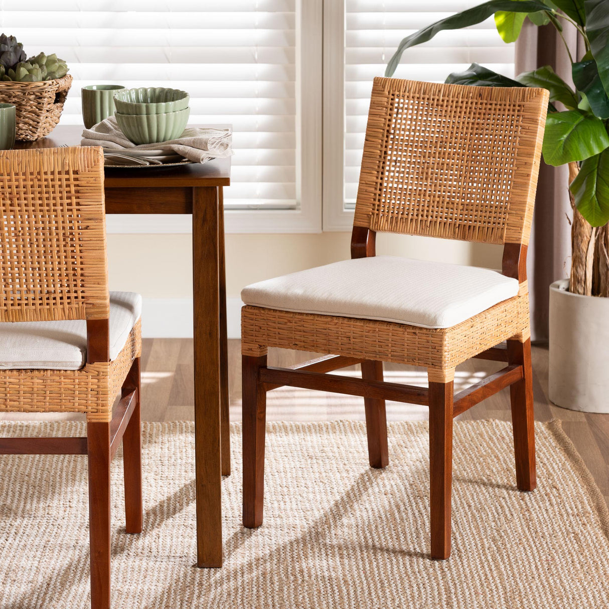 Leslie Natural Rattan Dining Chair with Cushion by Wicker Fair