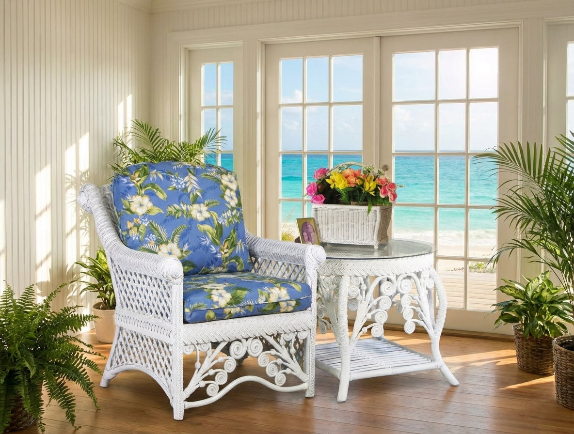 Majestic White Rattan 2 Pc Set with Arm Chair and End Table Model MAC-2PC-SET-WHT by Wicker Fair