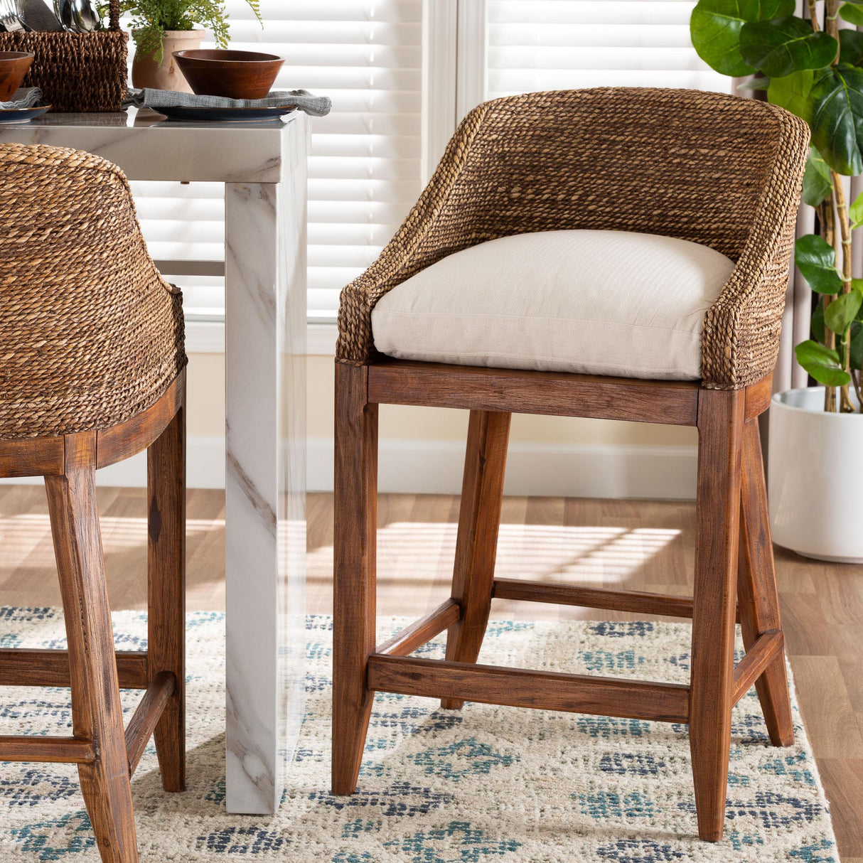 Medan Seagrass Counter Stool with Mahogany Wood Frame by Wicker Fair