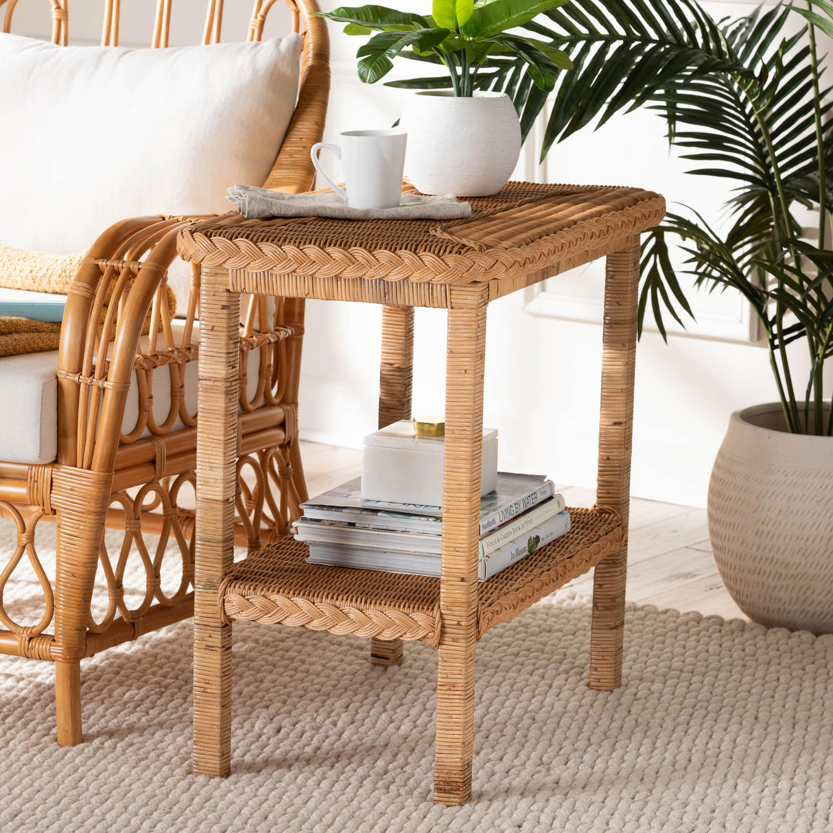 Rinahasa Bohemian Light Honey Braided Rattan Side Table by Wicker Fair