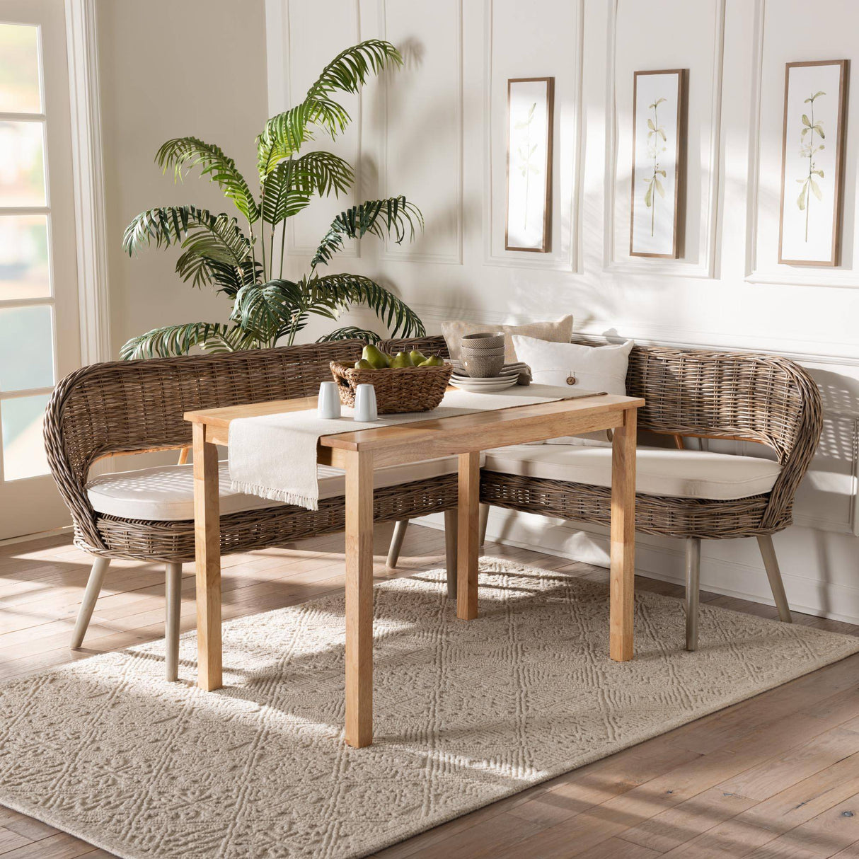 Mindanao Wicker Fair Rattan 3 Pc Dining Nook Bench Set