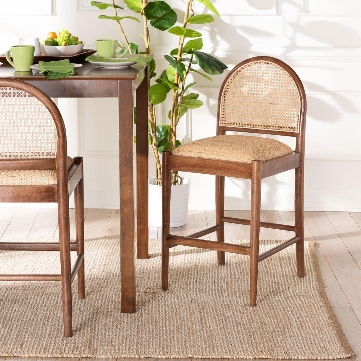Auckland Modern Bohemian Natural Rattan and Acacia Wood Counter Stool by Wicker Fair
