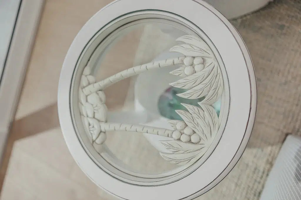 Monaco Round End Table with Palms Insert Model B81802-BLANC-PALMS By Seawinds Trading