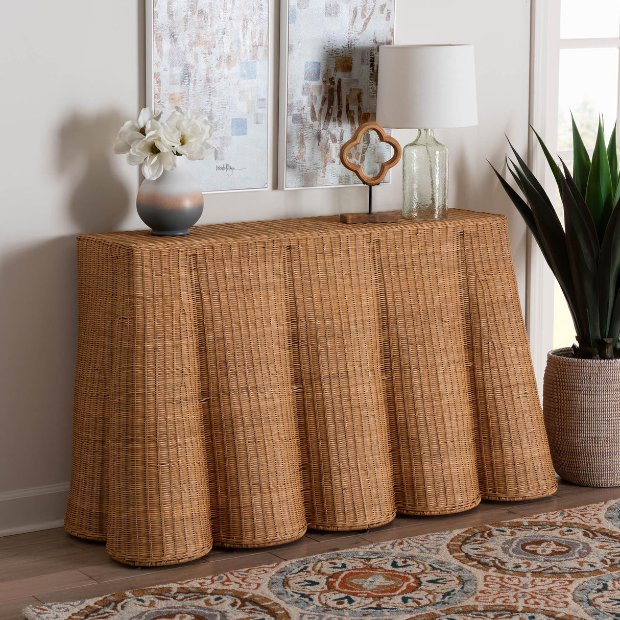 Rattan Scalloped Natural Rattan Console Table with Drawer by Wicker Fair