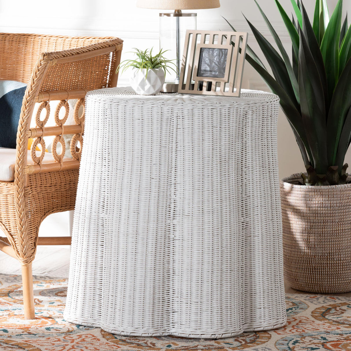 Cove Bohemian White Scalloped Rattan Console Table by Wicker Fair