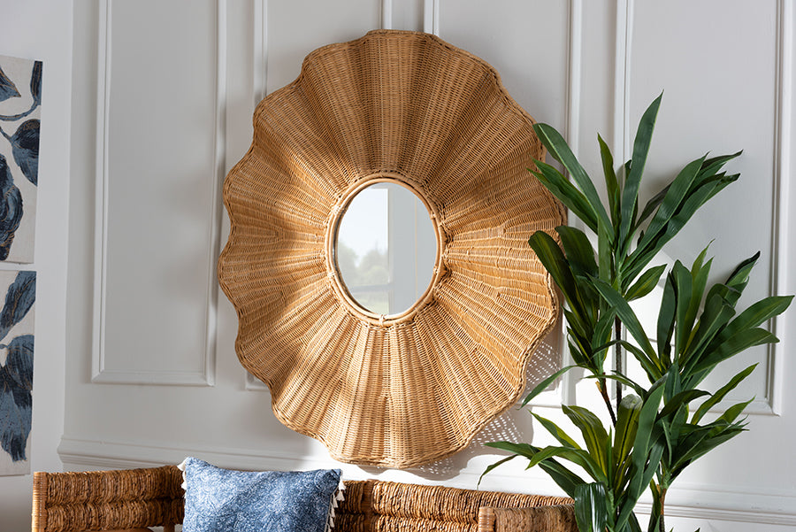 Palms Scalloped Rattan Wall Mirror by Wicker Fair