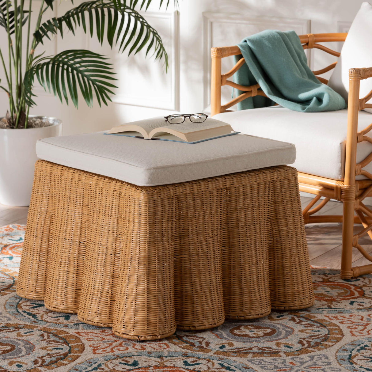Vanuta Bohemian Honey Scallop Rattan Ottoman by Wicker Fair