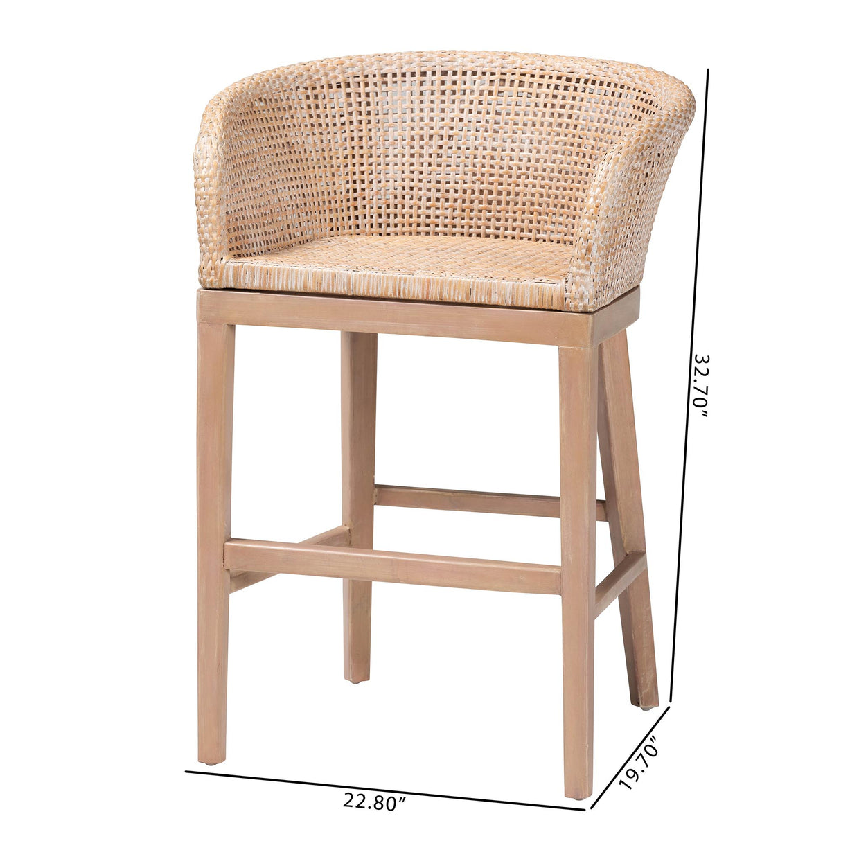 Basuna Modern Bohemian Antique White Washed Rattan and Mahogany Wood Counter Stool by Wicker Fair