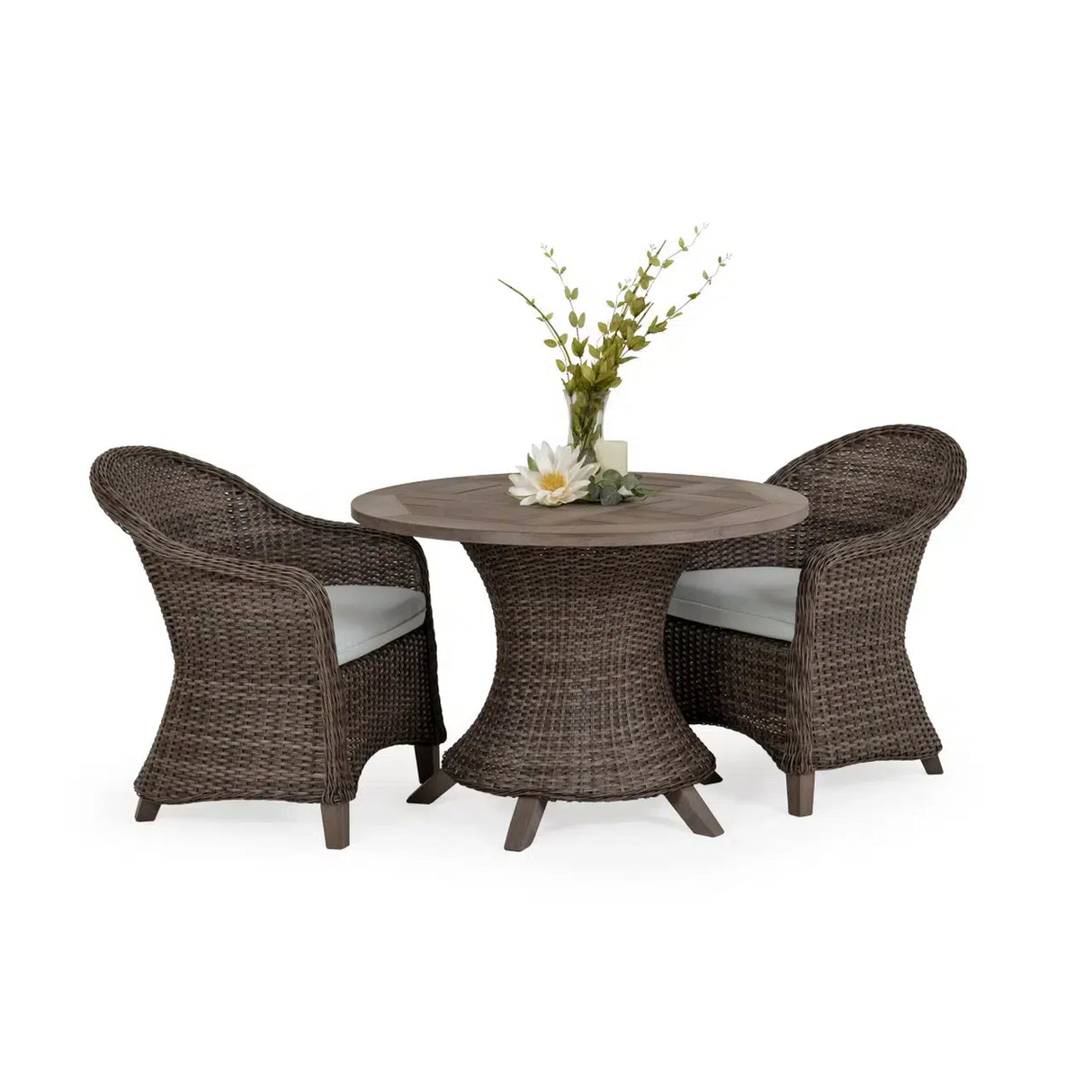 Pine Island Outdoor Wicker 5 Piece 48" Round Dining Set in Nutmeg Model Pine-Island-NTMWTK-5PC-Dining – Choice of Cushions Made in the USA