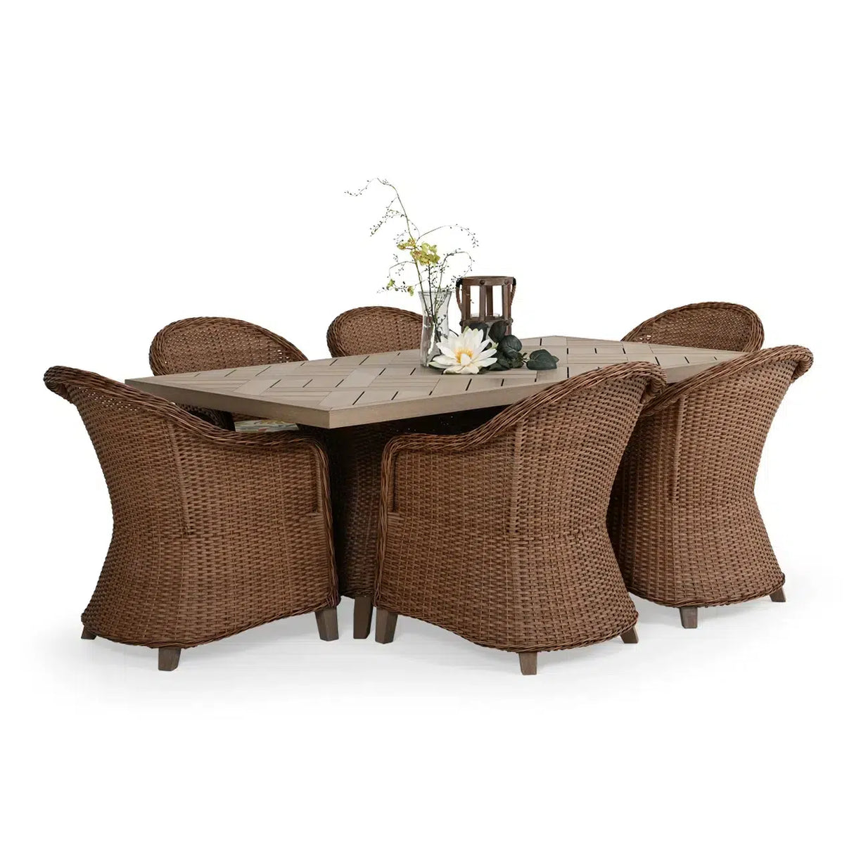 Pine Island Outdoor Wicker 7 Piece Rectangle Dining Set in Nutmeg Model Pine-Island-NTMWTK-7PC-Dining – Choice of Cushions Made in the USA