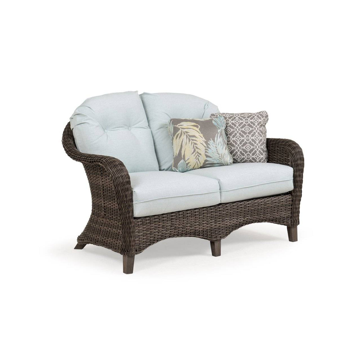 Pine Island Outdoor Wicker Loveseat in Peppercorn Model 651702PPCVWN – Choice of Cushions Made in the USA