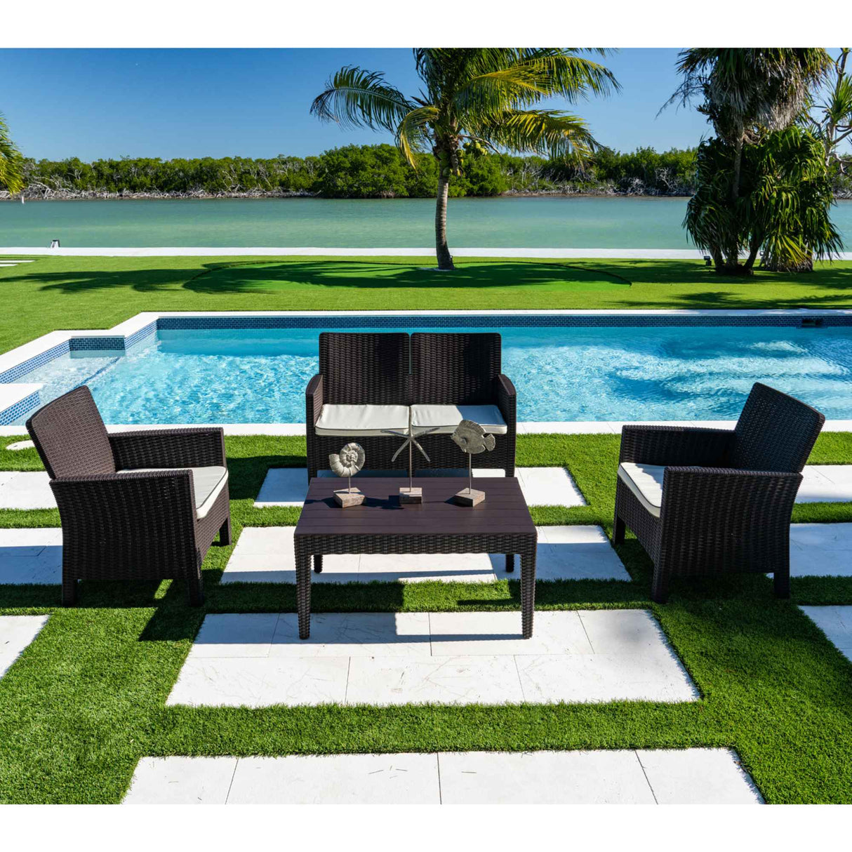 Nova Outdoor 4-Piece Seating Set with Loveseat and Cushions-Brown Model RBO-NOVA-BRW-4LS by Rainbow Outdoor