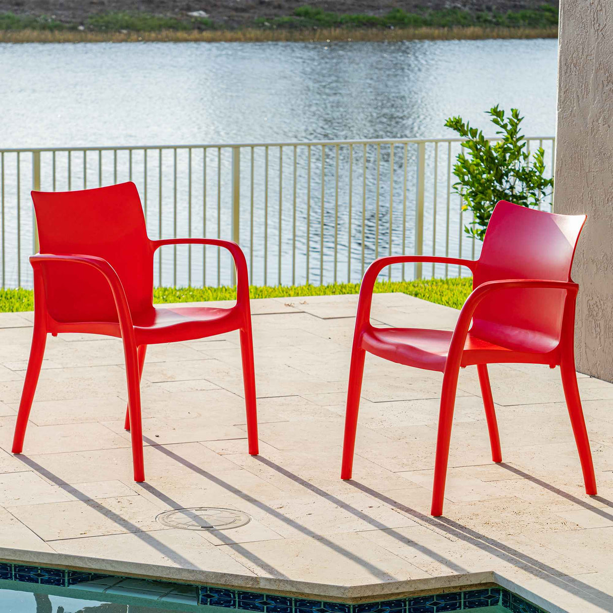 Pedro Set of 2 Stackable Armchairs – Red Model RBO-PEDRO-RED-AC-SET2 by Rainbow Outdoor