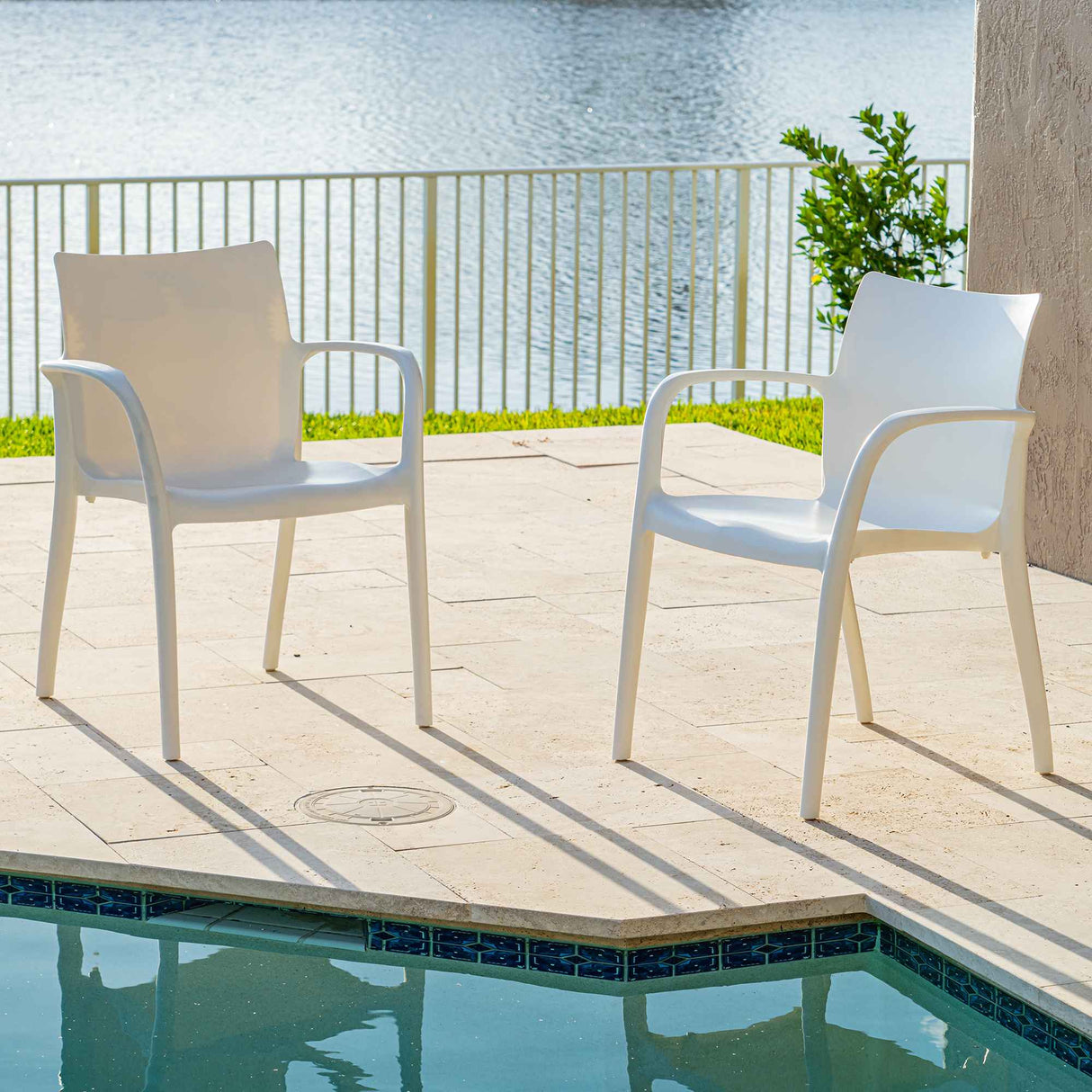 Pedro Set of 2 Stackable Armchairs – White Model RBO-PEDRO-WHT-AC-SET2 by Rainbow Outdoor