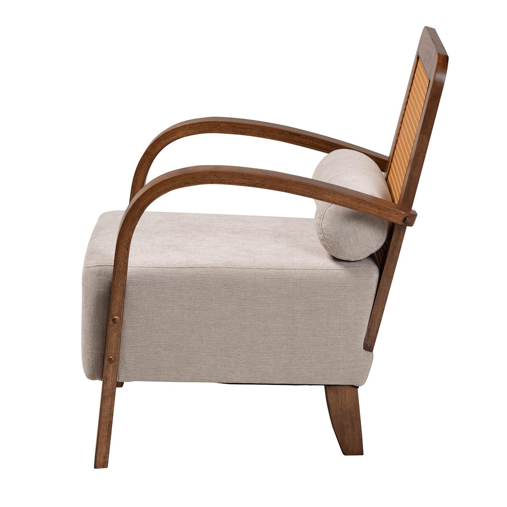 Sage Modern Japandi Light Grey Fabric and Walnut Brown Finished Wood Arm Chair with Woven Rattan by Wicker Fair