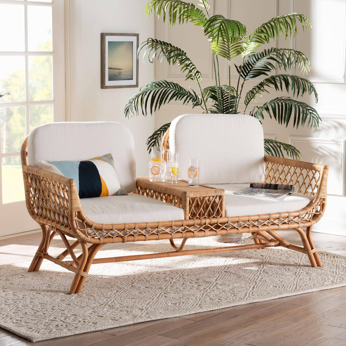 Saipan Wicker Fair Rattan Double Seat Settee with Built In Table