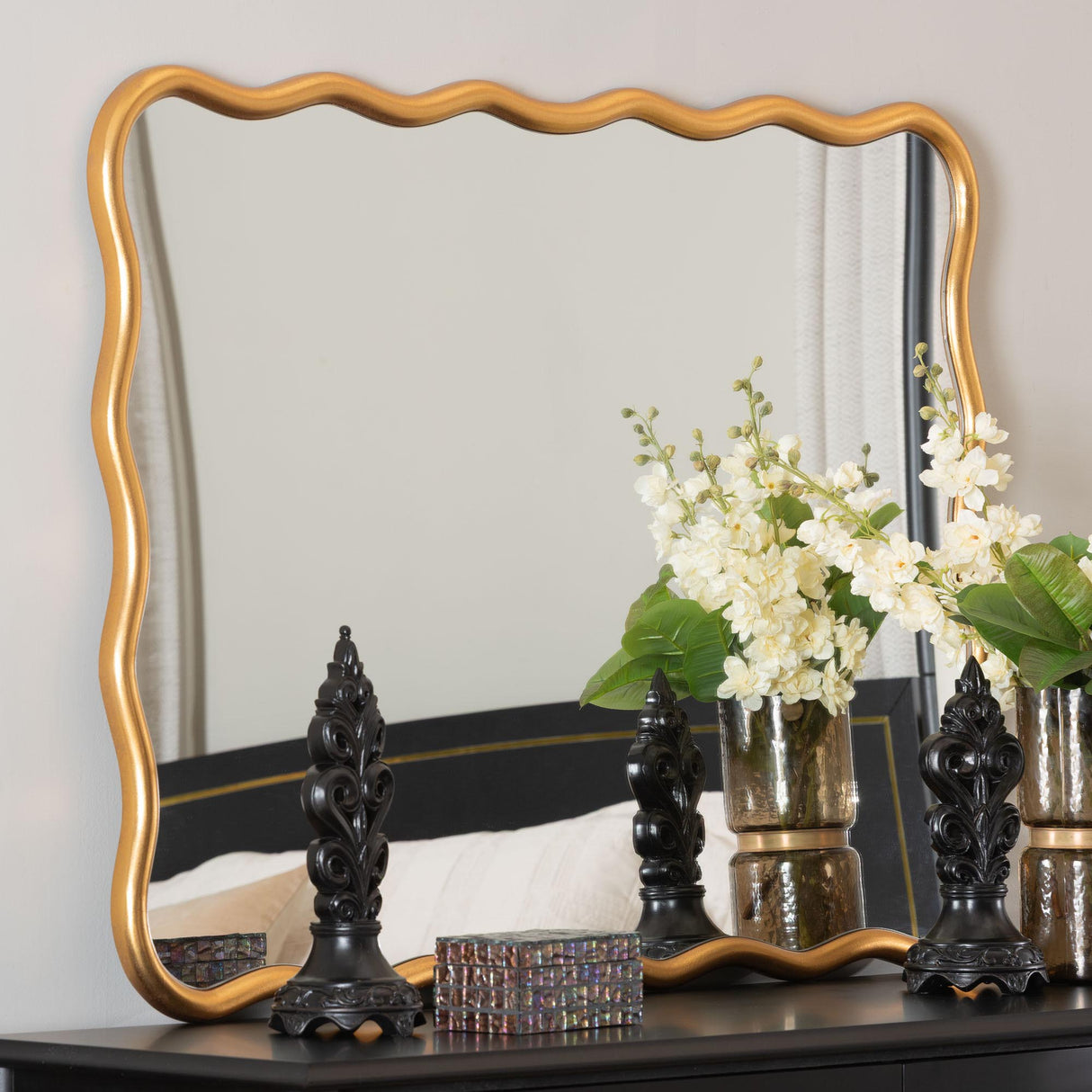 Cassara Gold Scalloped Rectangular Wall Mirror by Wicker Fair