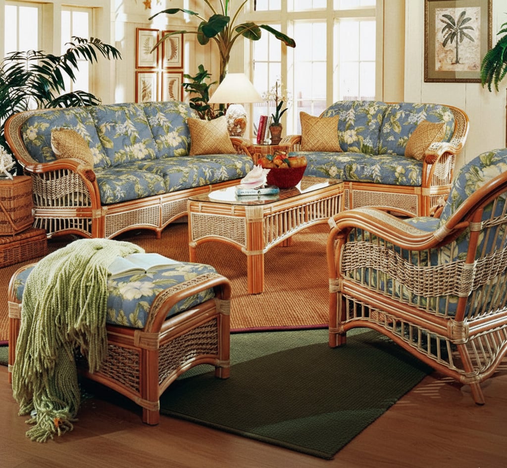 Seascape Rattan 6 Pc Living Room Set of Tropical Furniture