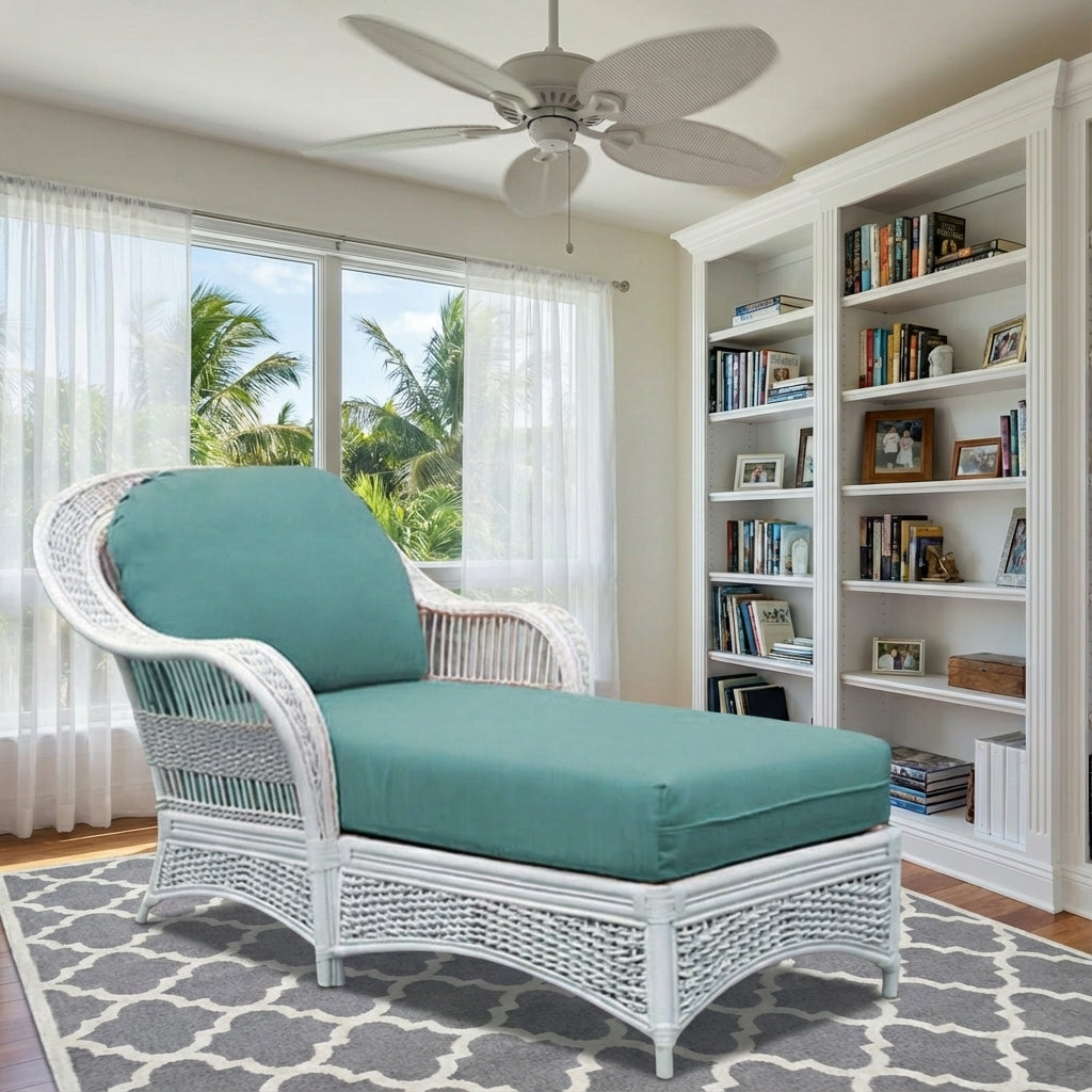 Ships Wheel Coastal White Rattan Chaise Lounge Model RCL by Wicker Fair