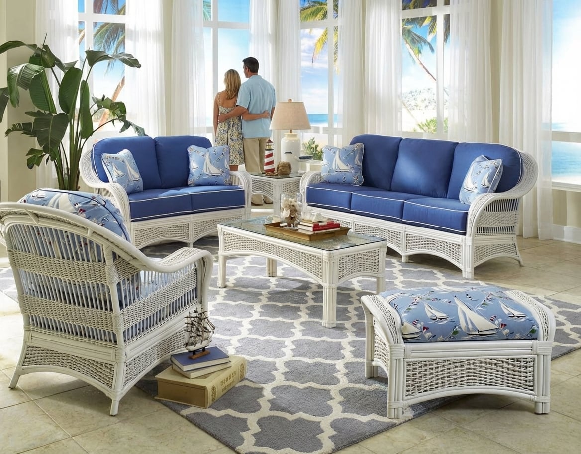 Ships Wheel Coastal White Rattan Swivel Rocker Model SW-RSR by Wicker Fair