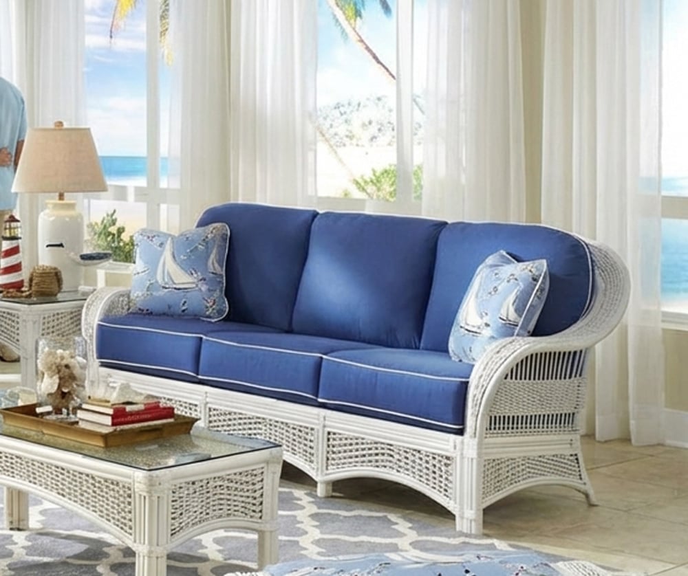 Ships Wheel Coastal White Rattan Sofa Model SW-R3S by Wicker Fair