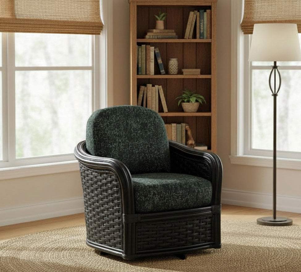 Somerset Black Rattan Barrel Swivel Glider Chair Model 953-005-BLK by Braxton Culler