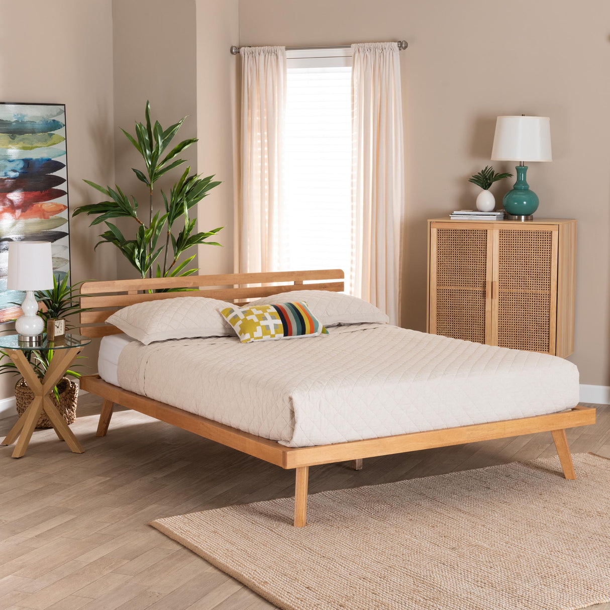 Joaquin Modern Japandi Rustic Brown Finished Wood Queen Size Platform Bed by Wicker Fair