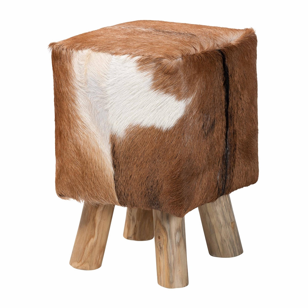 Scotlyn Genuine Goat Leather Footstool with Teak Wood Legs by Wicker Fair