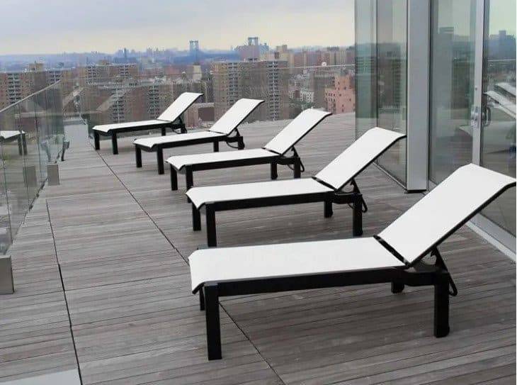 Leeward MGP Sling Lay-flat Stacking Armless Long Frame Chaise w/ Wheels (Set of 5) by Telescope Casual 9L20
