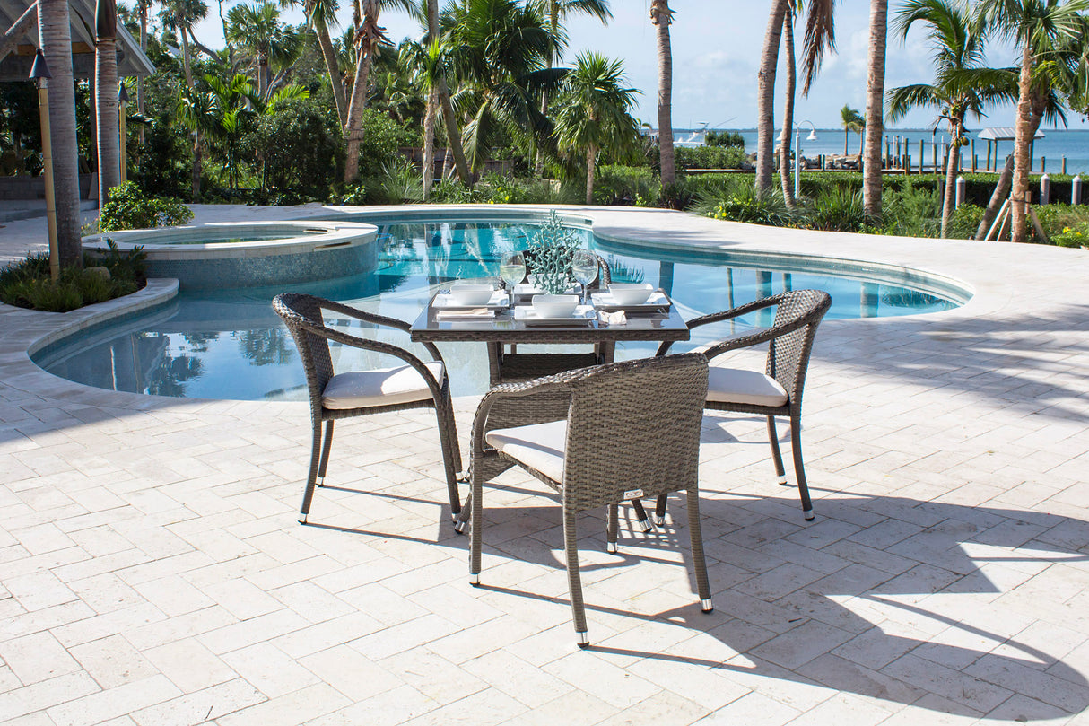 Spectrum Outdoor 5-Piece Stackable Woven Armchair Dining Set with Cushions Model 890-1147-GRY-5DA-CUSH by Pelican Reef