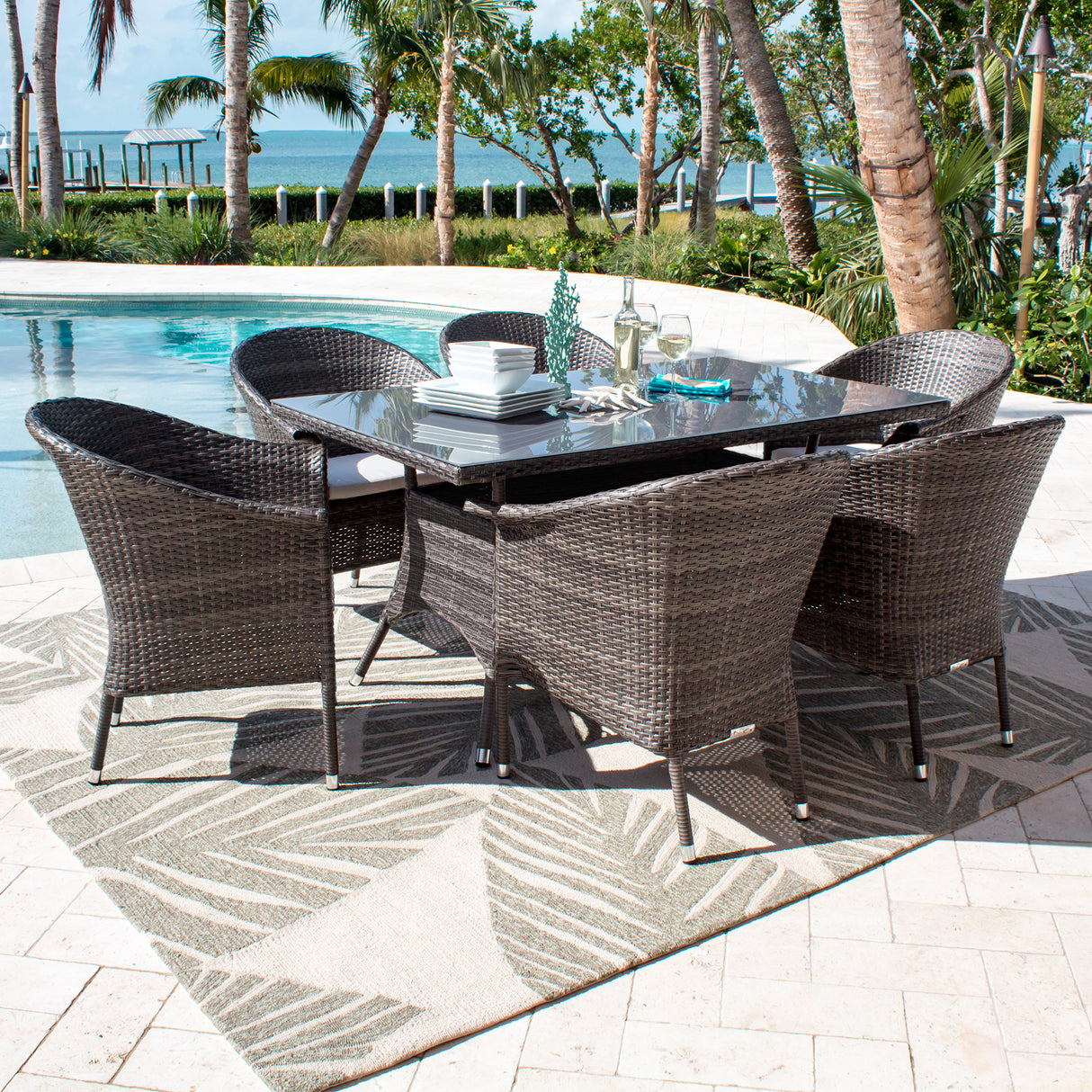 Spectrum Outdoor 7-Piece Woven Armchair Dining Set with Cushions Model 890-1130-GRY-7DA-CUSH by Pelican Reef