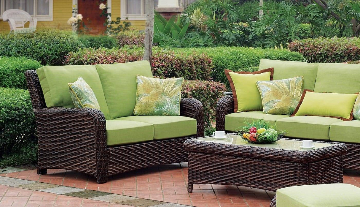 Saint Tropez (Espresso) Outdoor Wicker Loveseat and Coffee Table Set in Espresso Stain Model 79302-79344-1 By South Sea Rattan