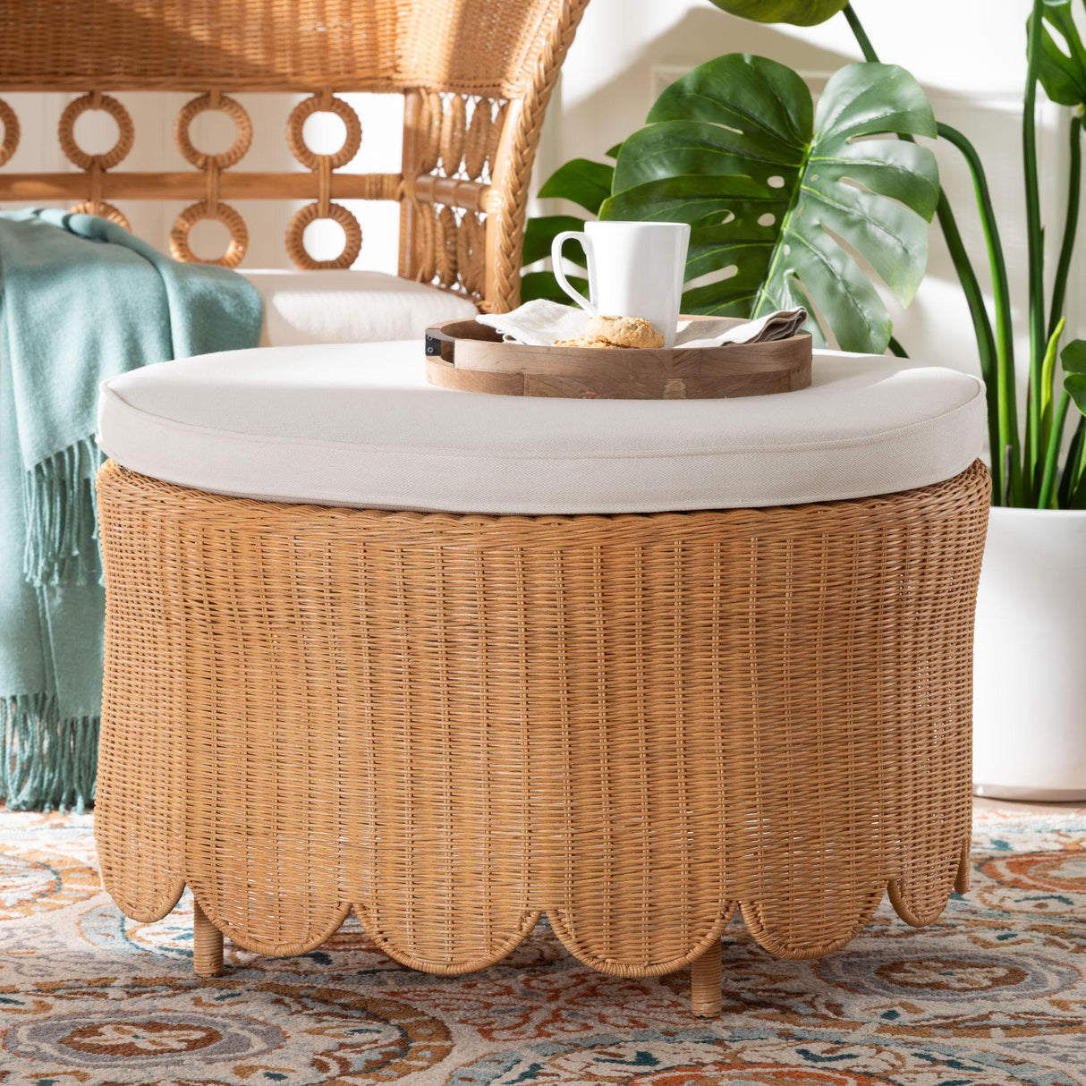 Raisa Bohemian Light Honey Scalloped Rattan Ottoman by Wicker Fair