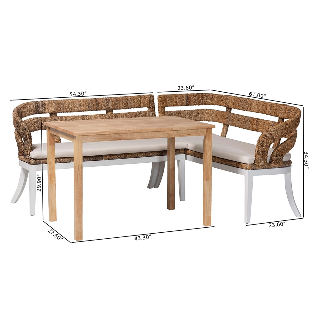 Ubud Seagrass Dining Nook Set with Wood Dining Table and Cushioned L-Shaped Bench by Wicker Fair
