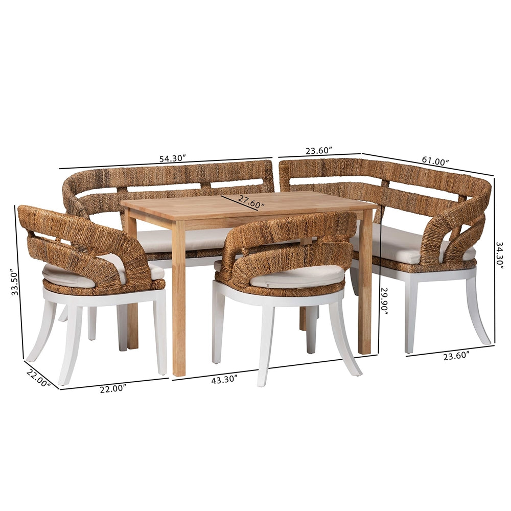 Ubud Seagrass Dining Nook Set with Wood Table, Cushioned L-Shaped Bench and Chairs by Wicker Fair