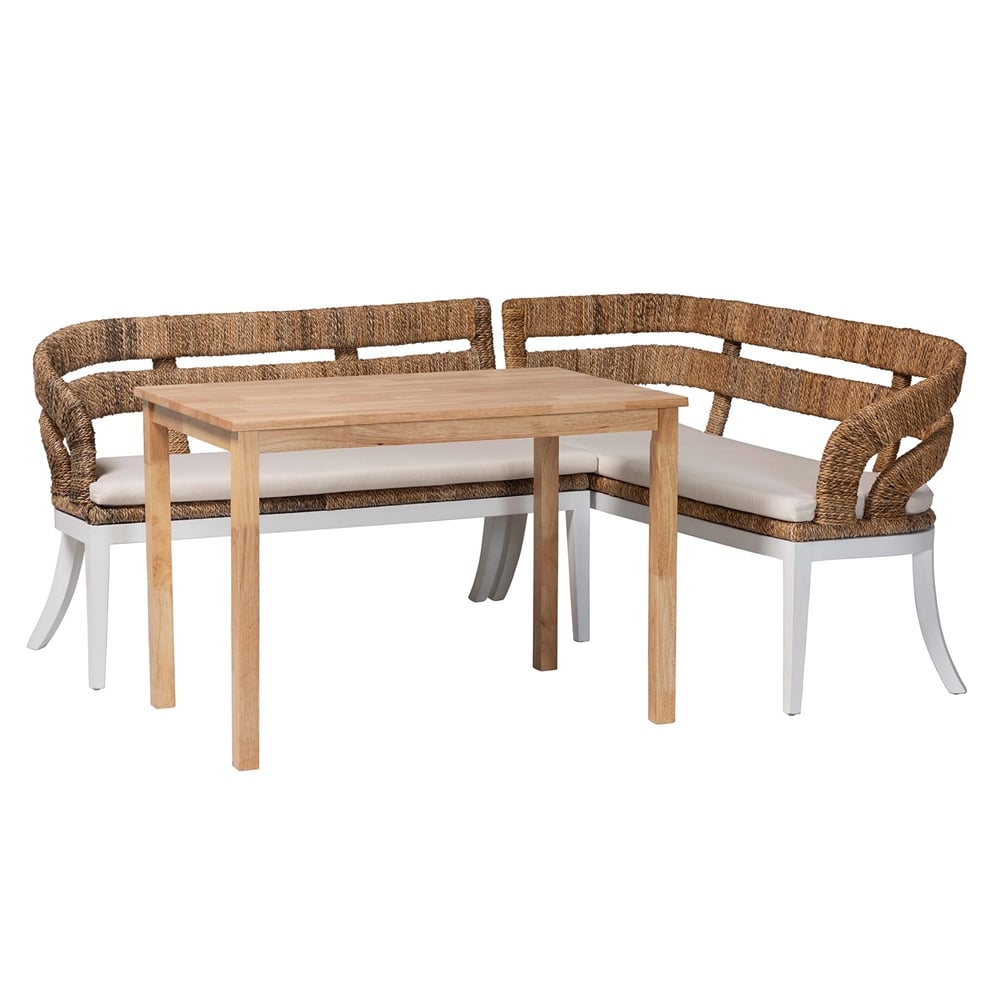 Ubud Seagrass Dining Nook Set with Wood Dining Table and Cushioned L-Shaped Bench by Wicker Fair