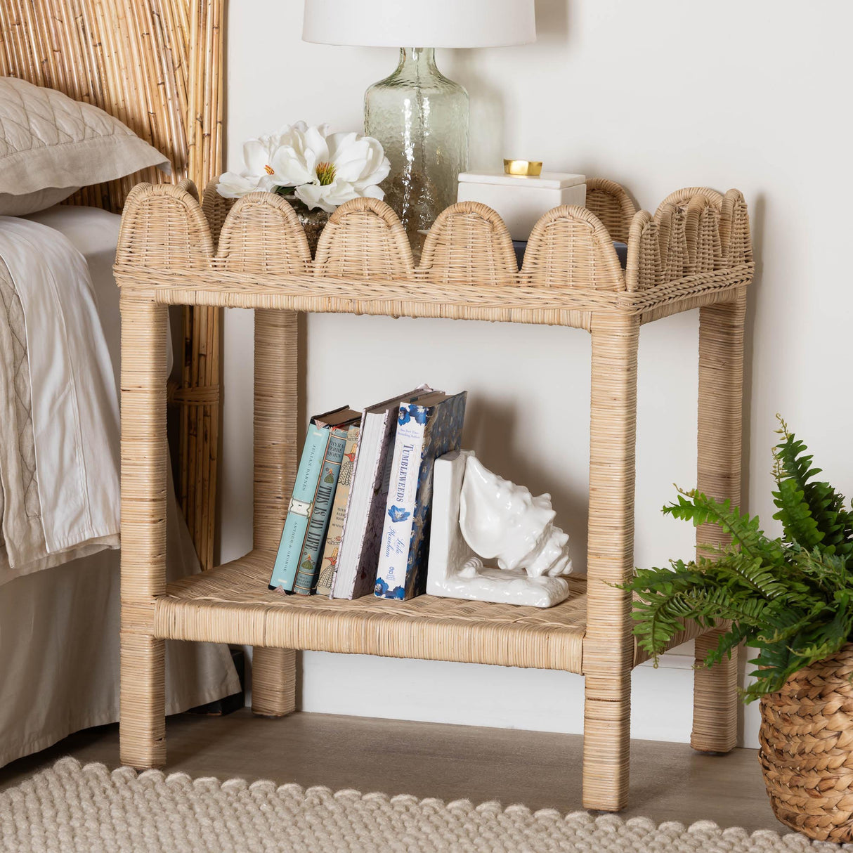 Rumana Bohemian Scallop Natural Rattan and Mahogany Side Table by Wicker Fair