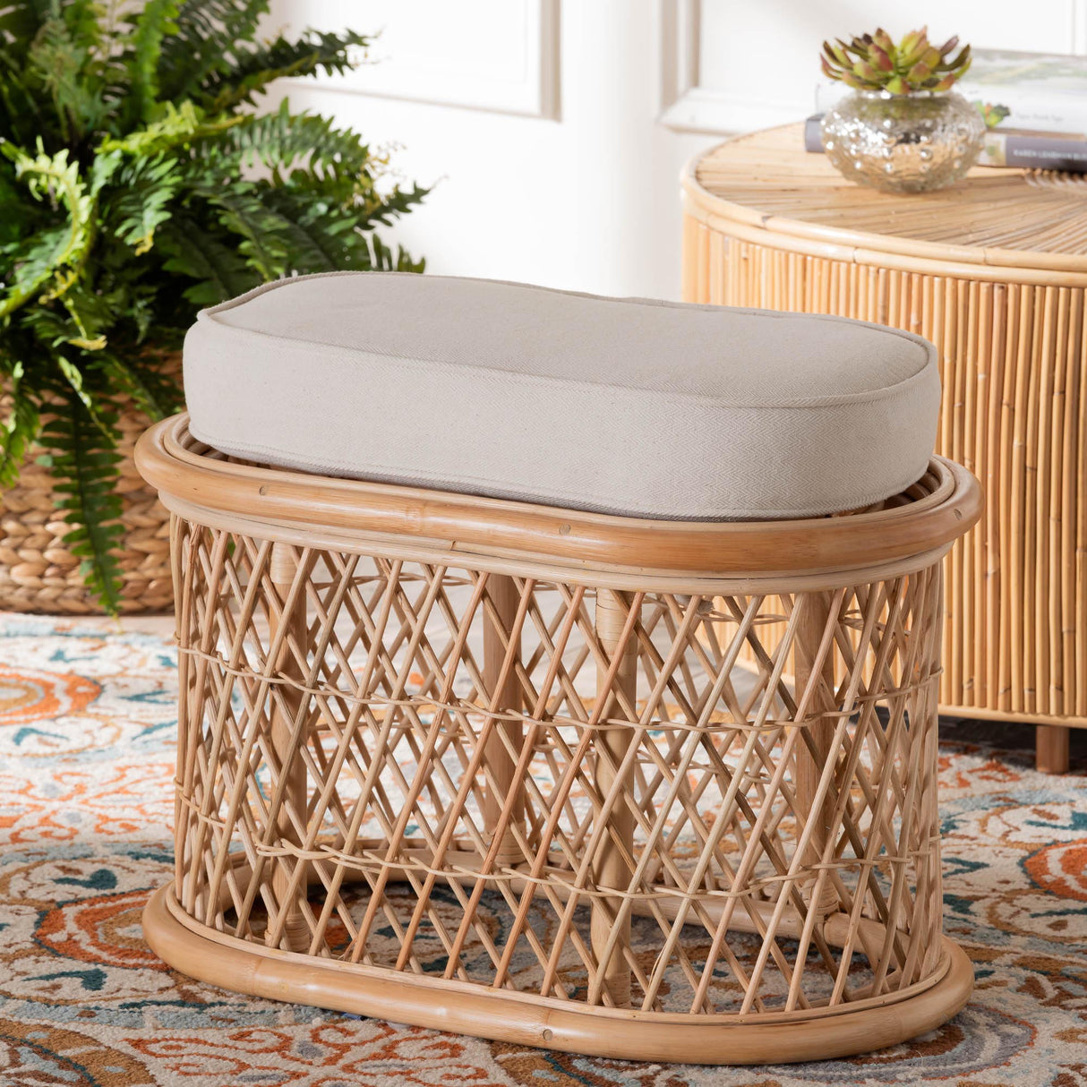 Radonna Bohemian Natural Rattan Ottoman Footstool by Wicker Fair