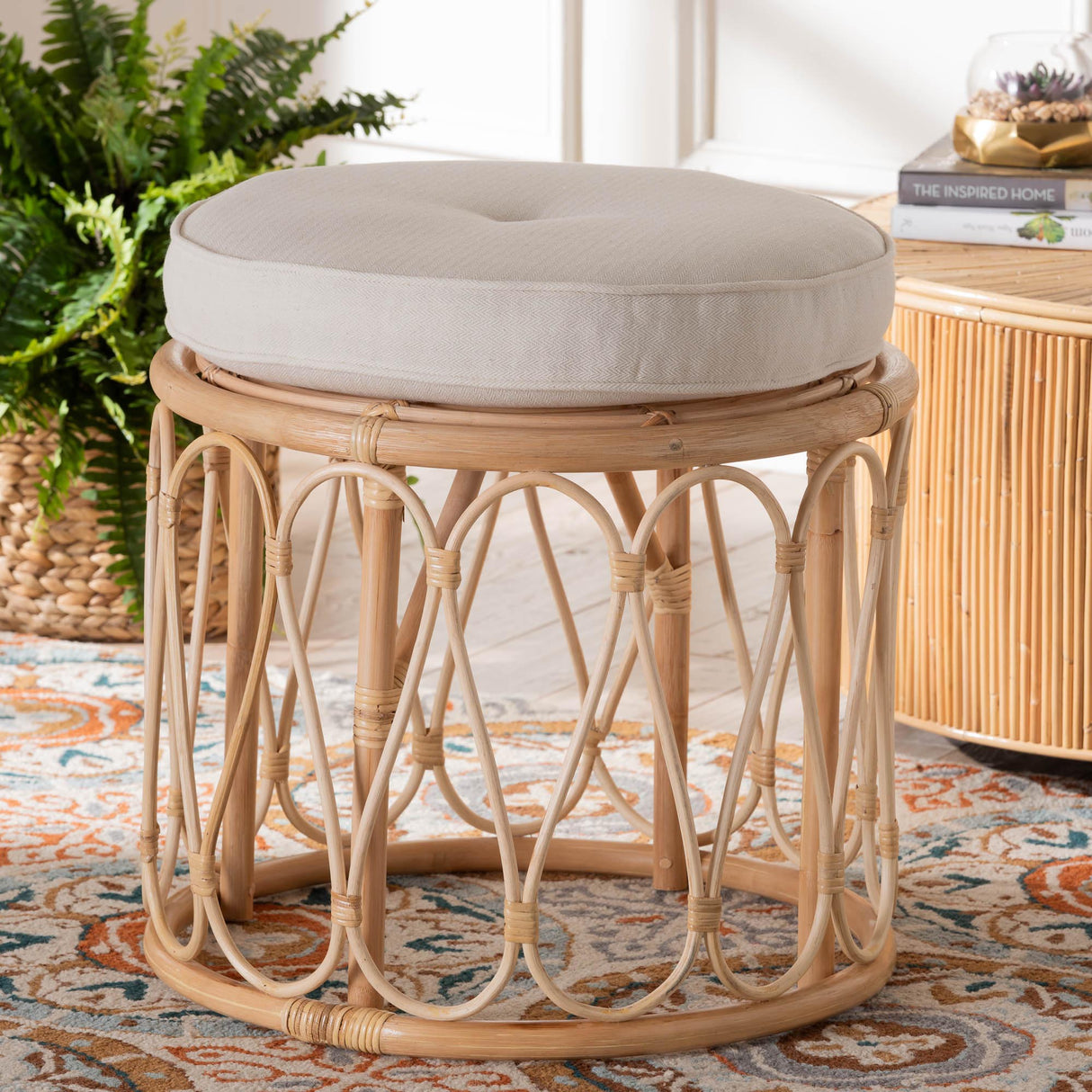 Lachiro Bohemian Natural Rattan Ottoman Footstool by Wicker Fair