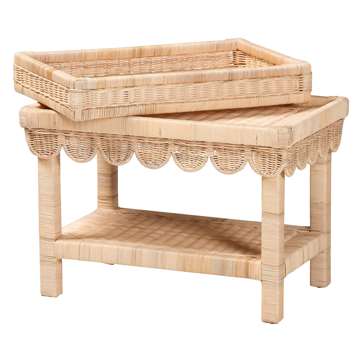 Aurora Scalloped Rattan End Table with Removable Tray Top by Wicker Fair