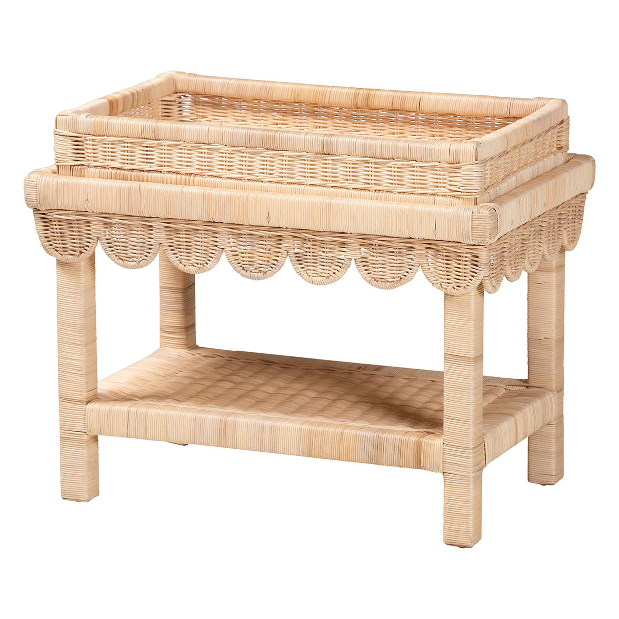 Aurora Scalloped Rattan End Table with Removable Tray Top by Wicker Fair