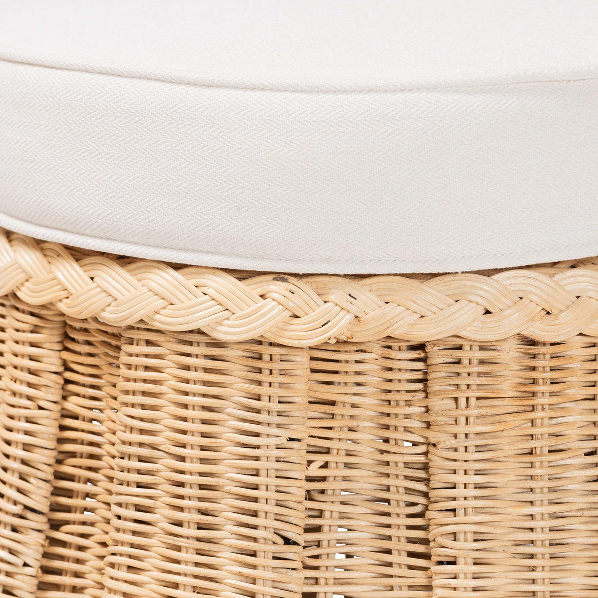 Shanghai Round Natural Rattan Ottoman with Cushion By Wicker Fair