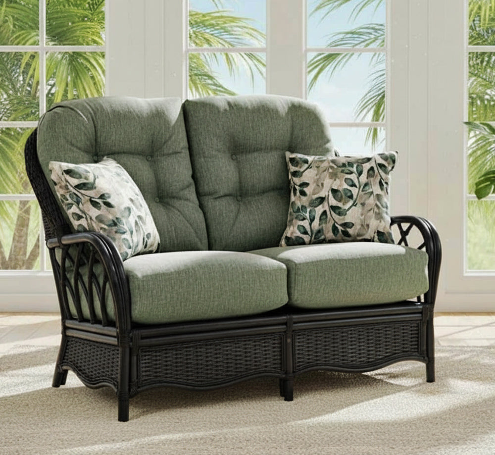 Everglade Black Rattan Loveseat Model 905-019 Made in the USA by Braxton Culler