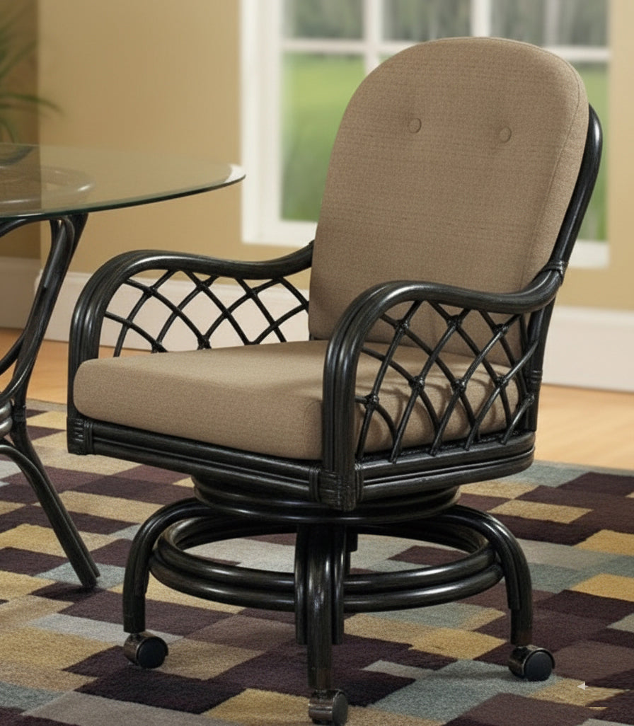 Grand Isle Black Rattan Swivel-Rock Caster Dining Chair Made in the USA by Braxton Culler