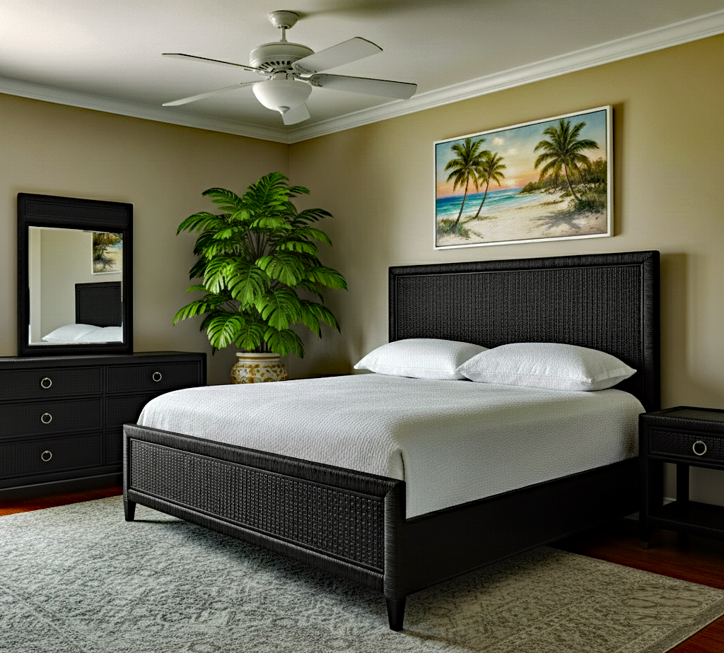 Naples Black Wicker and Rattan 4 Pc Bedroom Set Model 807-021-5Pc-Set-BLACK by Braxton Culler